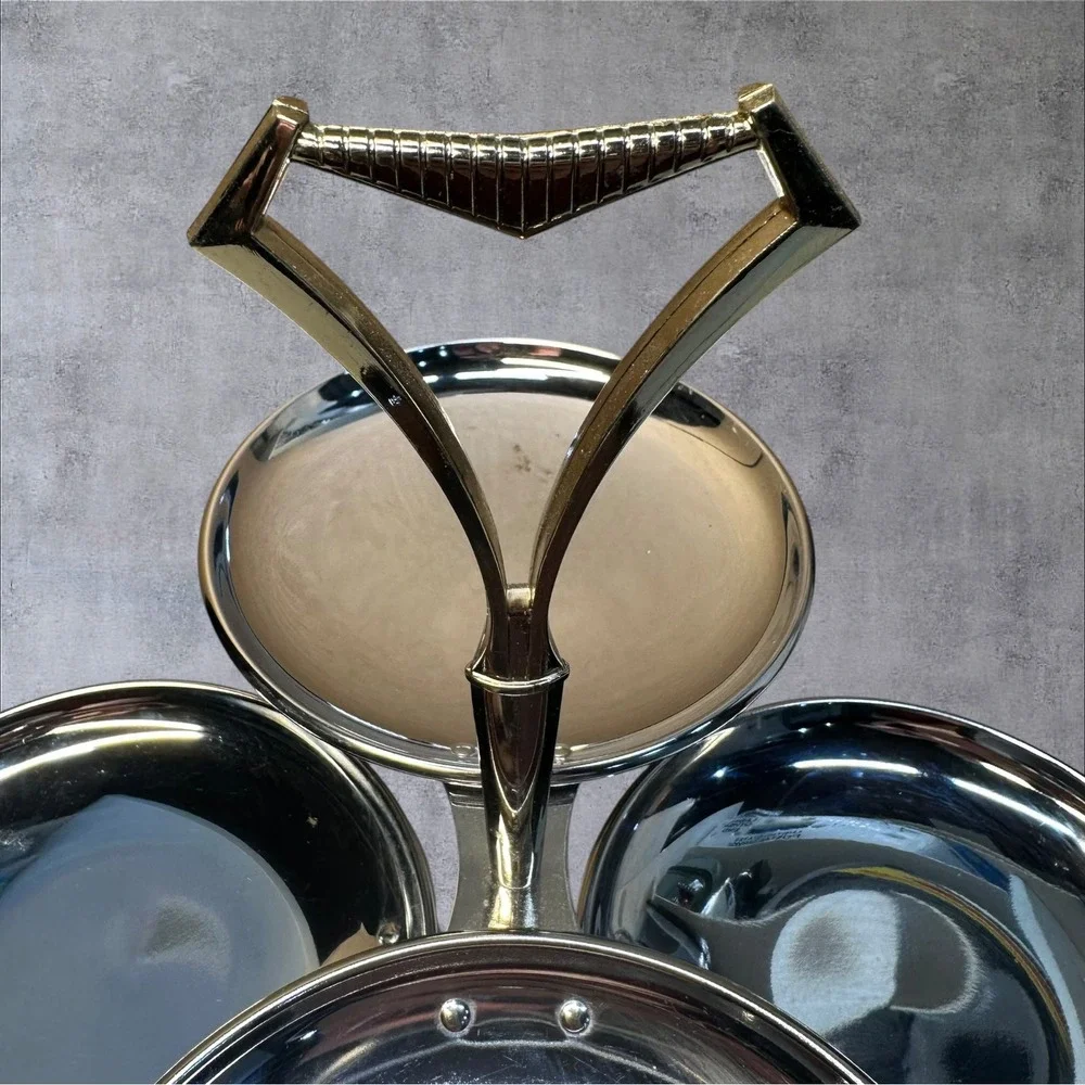 Vintage Kromex Serving Set Large Round Tray Gold Handles & 4 Tier Tidbit Server‎